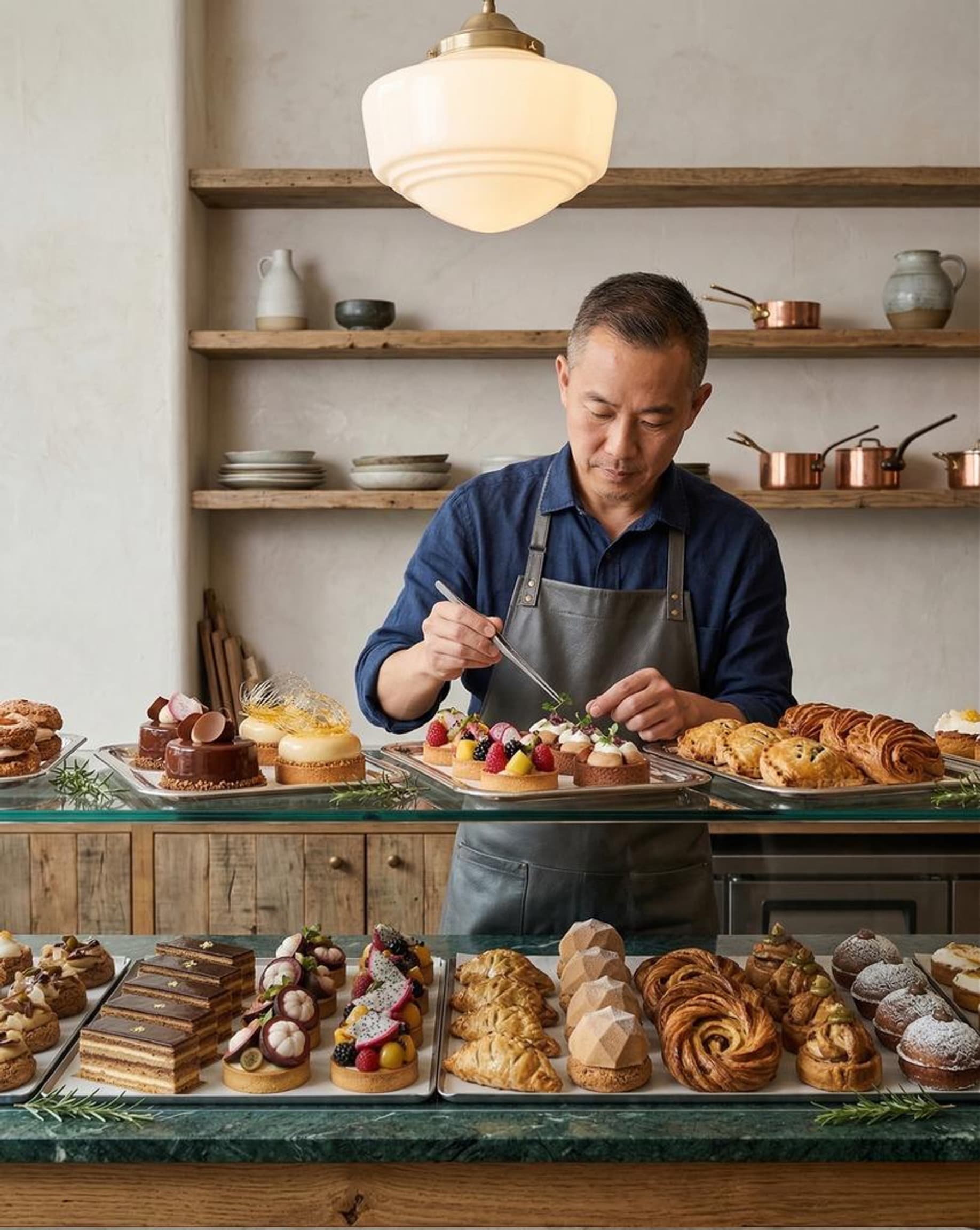 Bakery owner carefully arranging pastries behind the counter