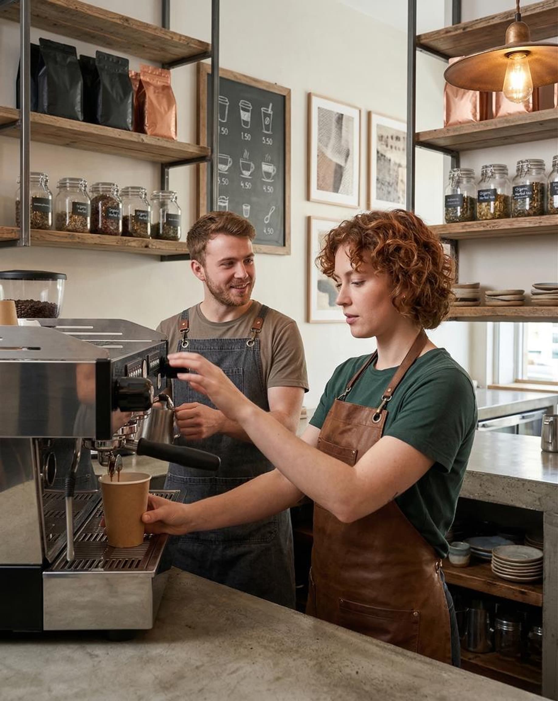 Twee barista's die samen koffie zetten achter de toonbank van een onafhankelijk café