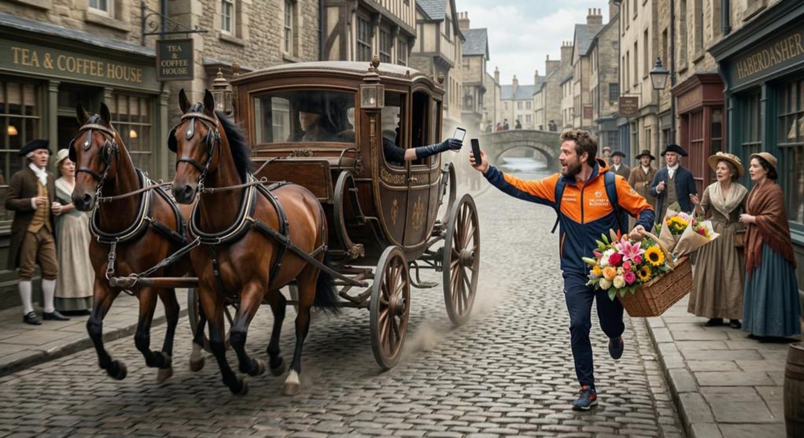 Man met een telefoon rent langs een paardenkoets — het papieren verleden achterlaten voor het digitale nu