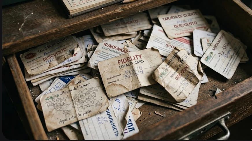 Een la vol oude papieren stempelkaarten van cafés en winkels