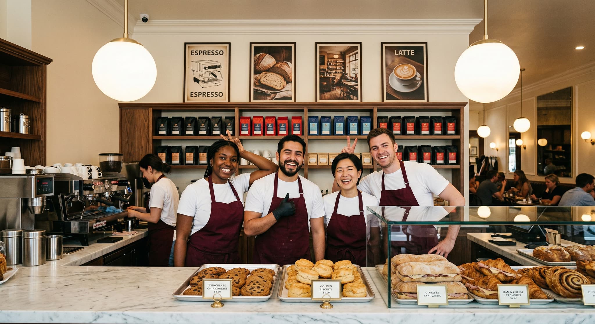 Team van een onafhankelijk café lachend achter de toonbank met gebak en koffie