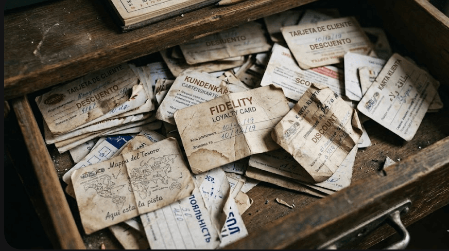 Drawer full of old, crumpled paper loyalty cards