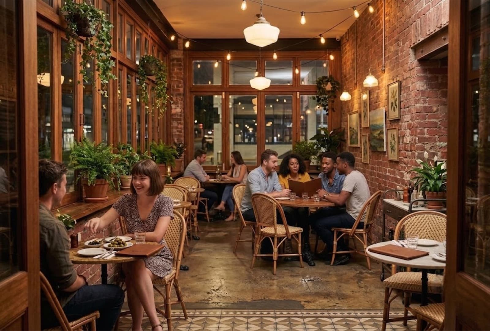 Regulars at the tables of a small brick-walled bistro with rattan chairs, a couple sharing olives by the window