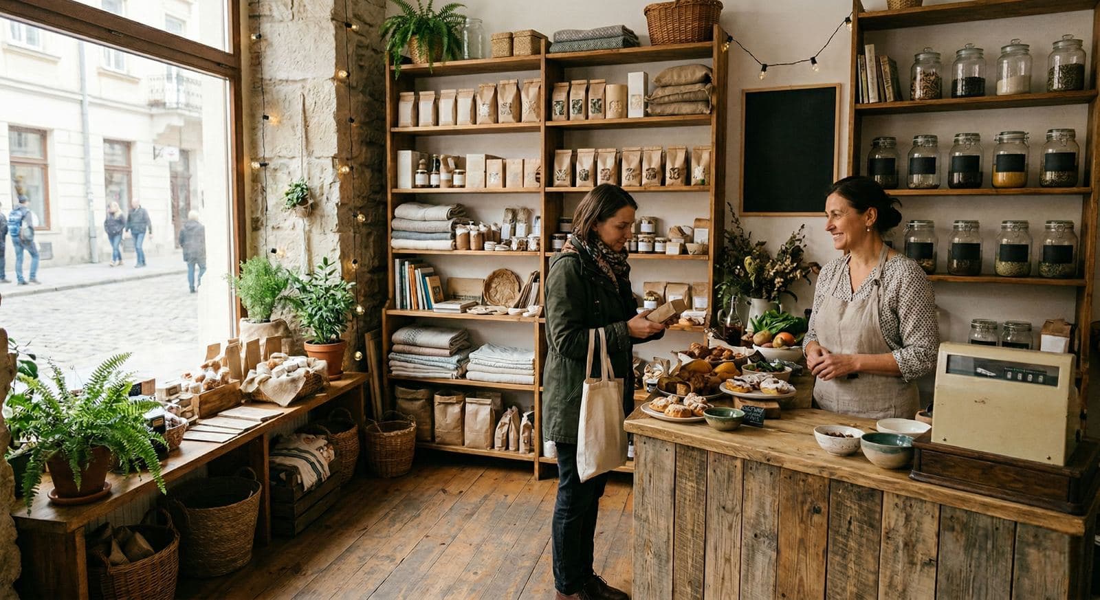 A deli owner chats with a regular at a wooden counter stacked with jars and loaves