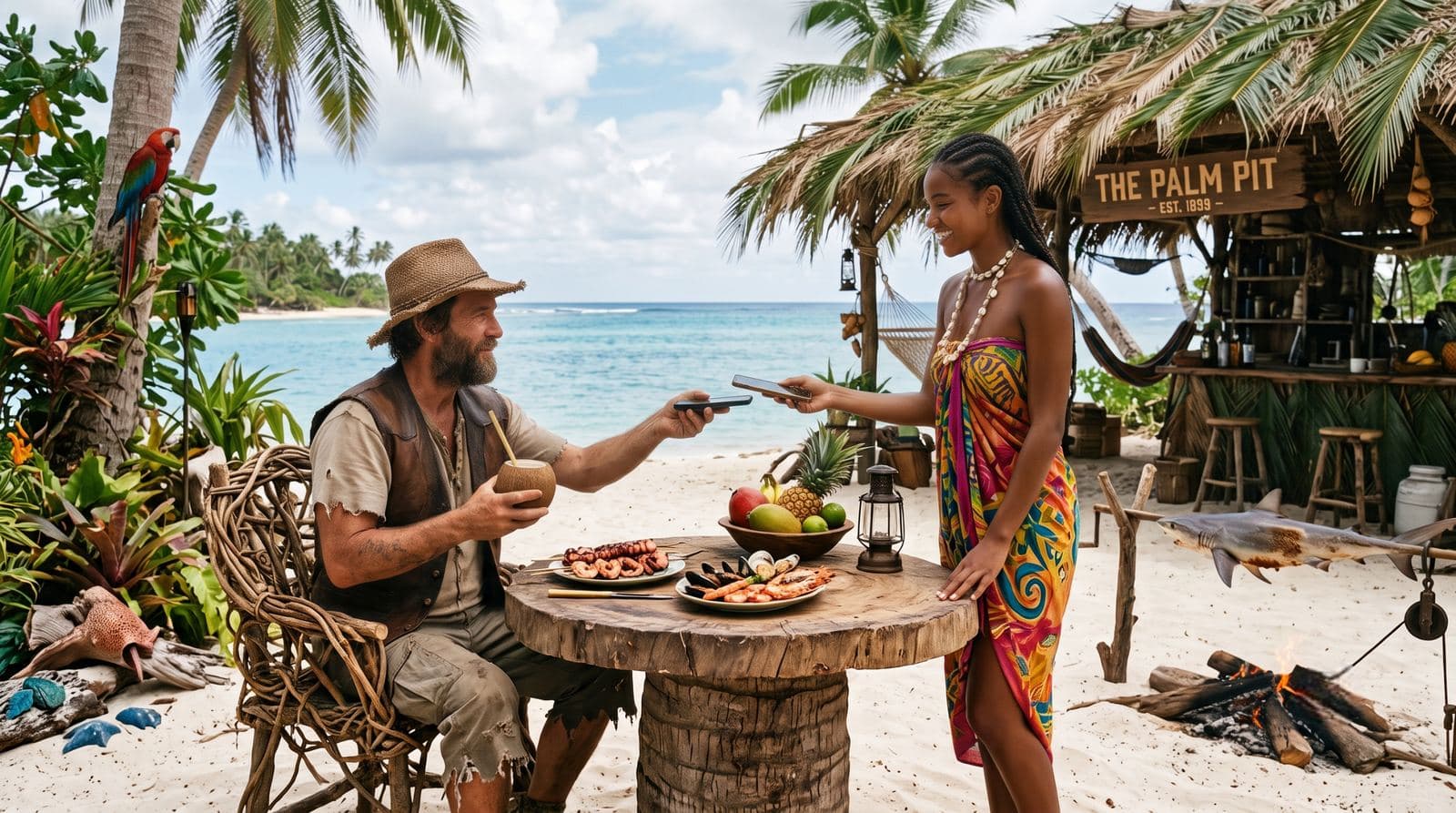 Funny AI image: a castaway at a palm-hut beach bar holds his phone to a smiling server's phone, with a parrot in the tree and a roast shark nearby