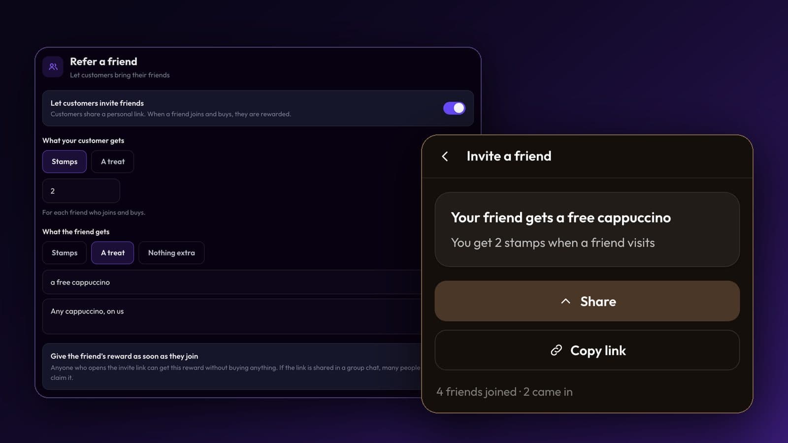 The Refer a friend settings in Passtastic next to a customer's Invite a friend page with Share and Copy link buttons