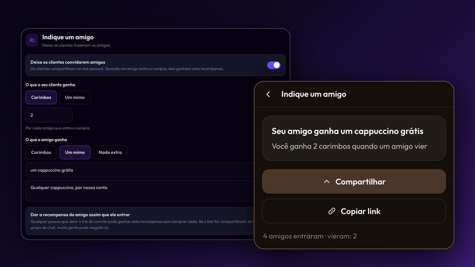 As configurações de “Indique um amigo” no Passtastic ao lado da página “Indique um amigo” de um cliente, com os botões Compartilhar e Copiar link