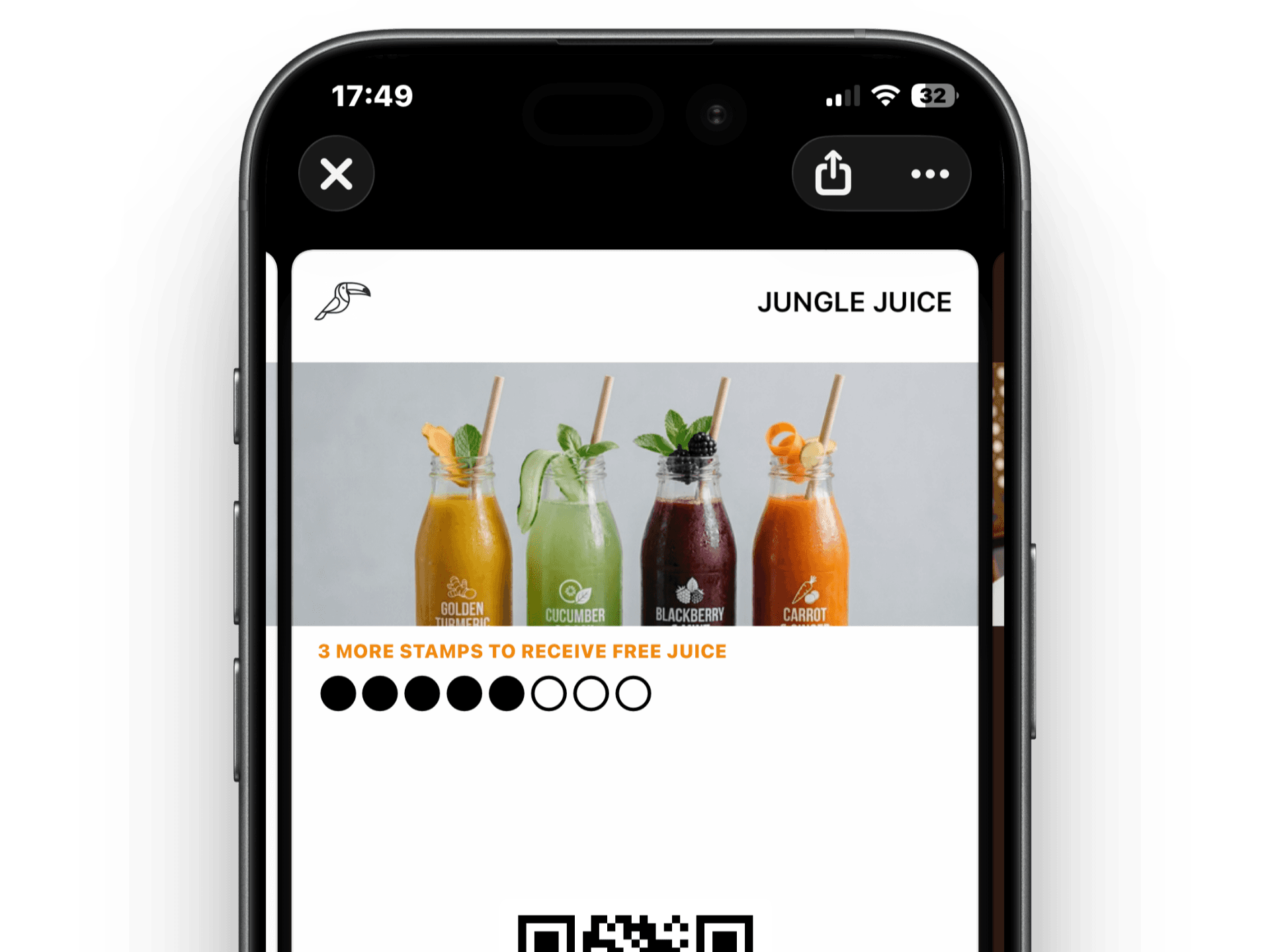 iPhone showing Apple Wallet stamp card with 5 of 8 stamps filled