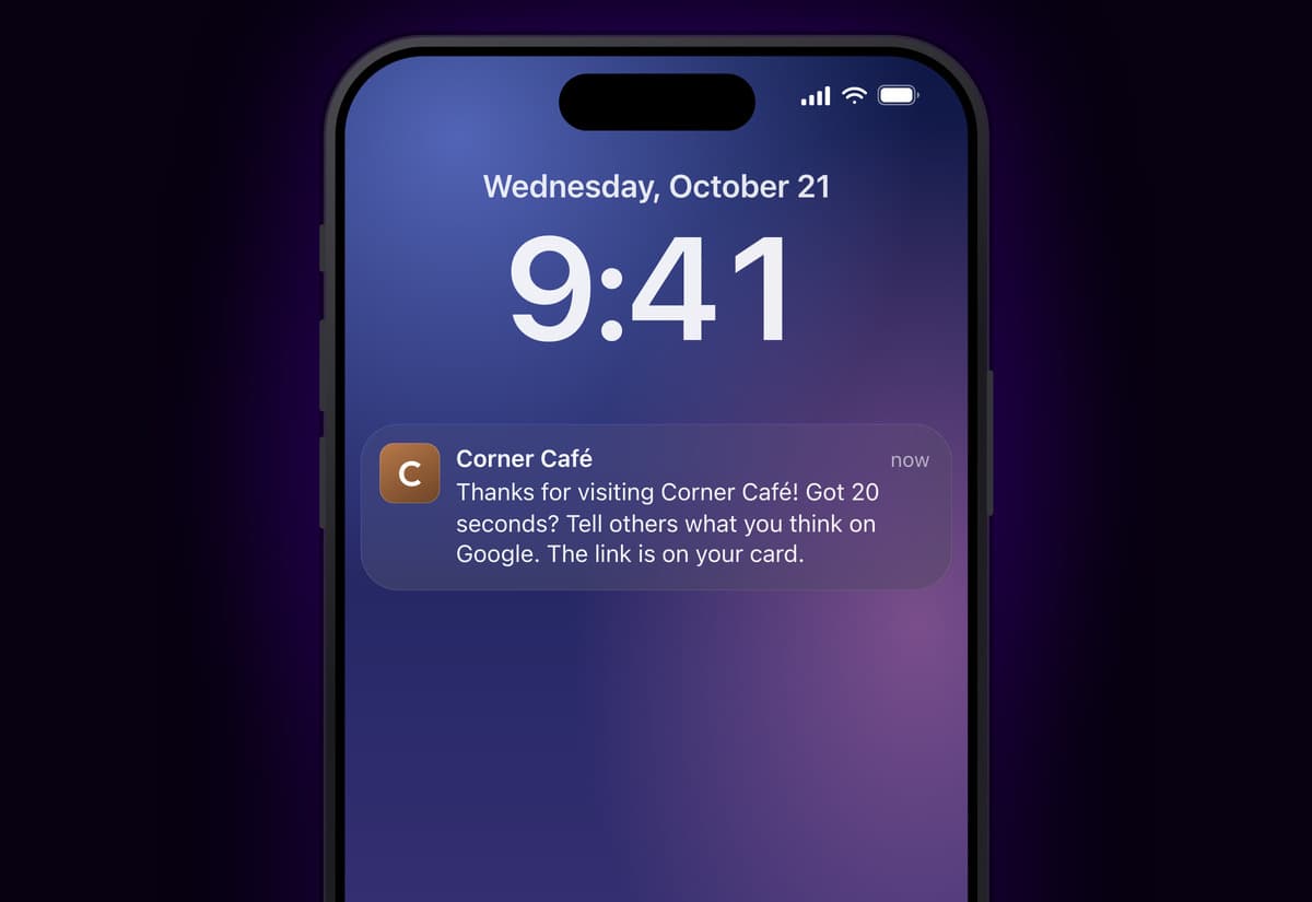 A loyalty card notification on an iPhone lock screen asking a customer for a Google review