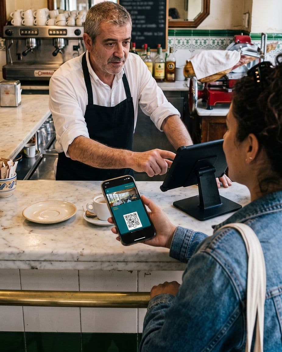 The owner of a Madrid tapas bar puts a customer on the ticket on the Holded tablet while she shows her loyalty card on her phone