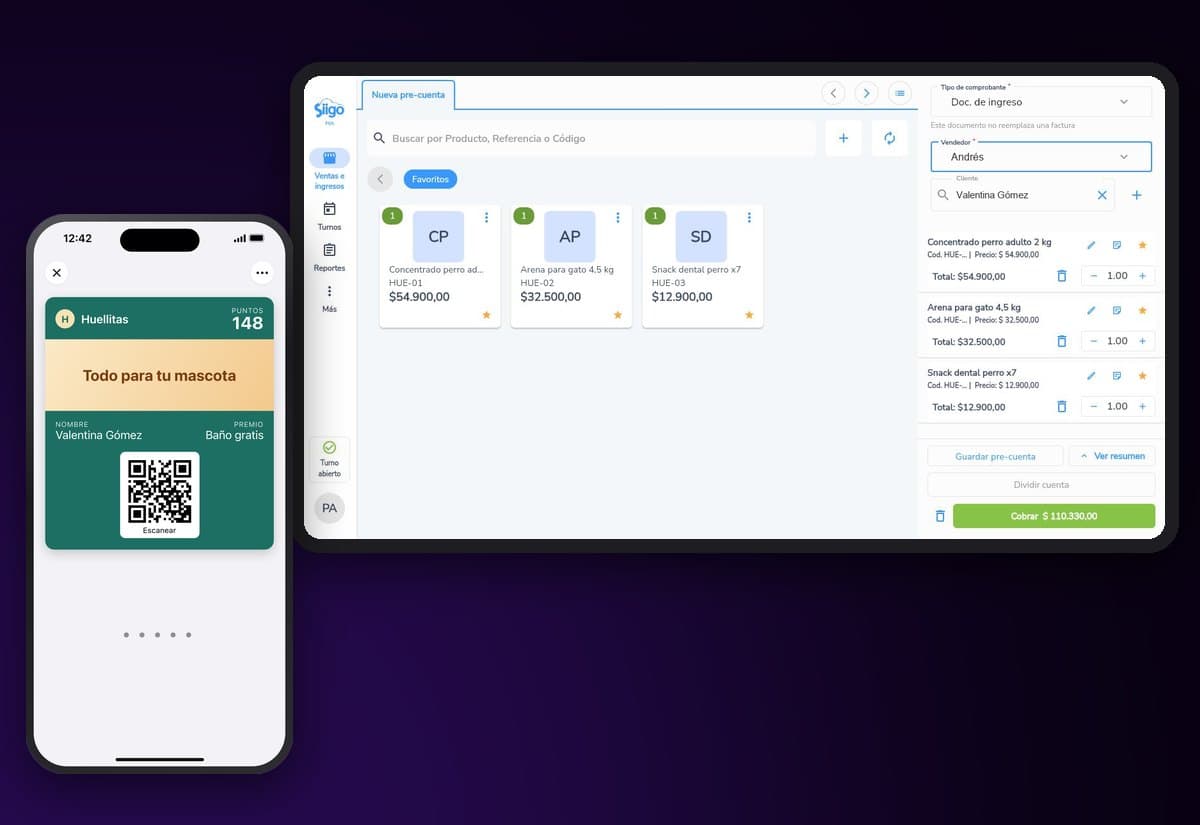 A Siigo POS sale with the customer picked, next to the customer's points card on a phone