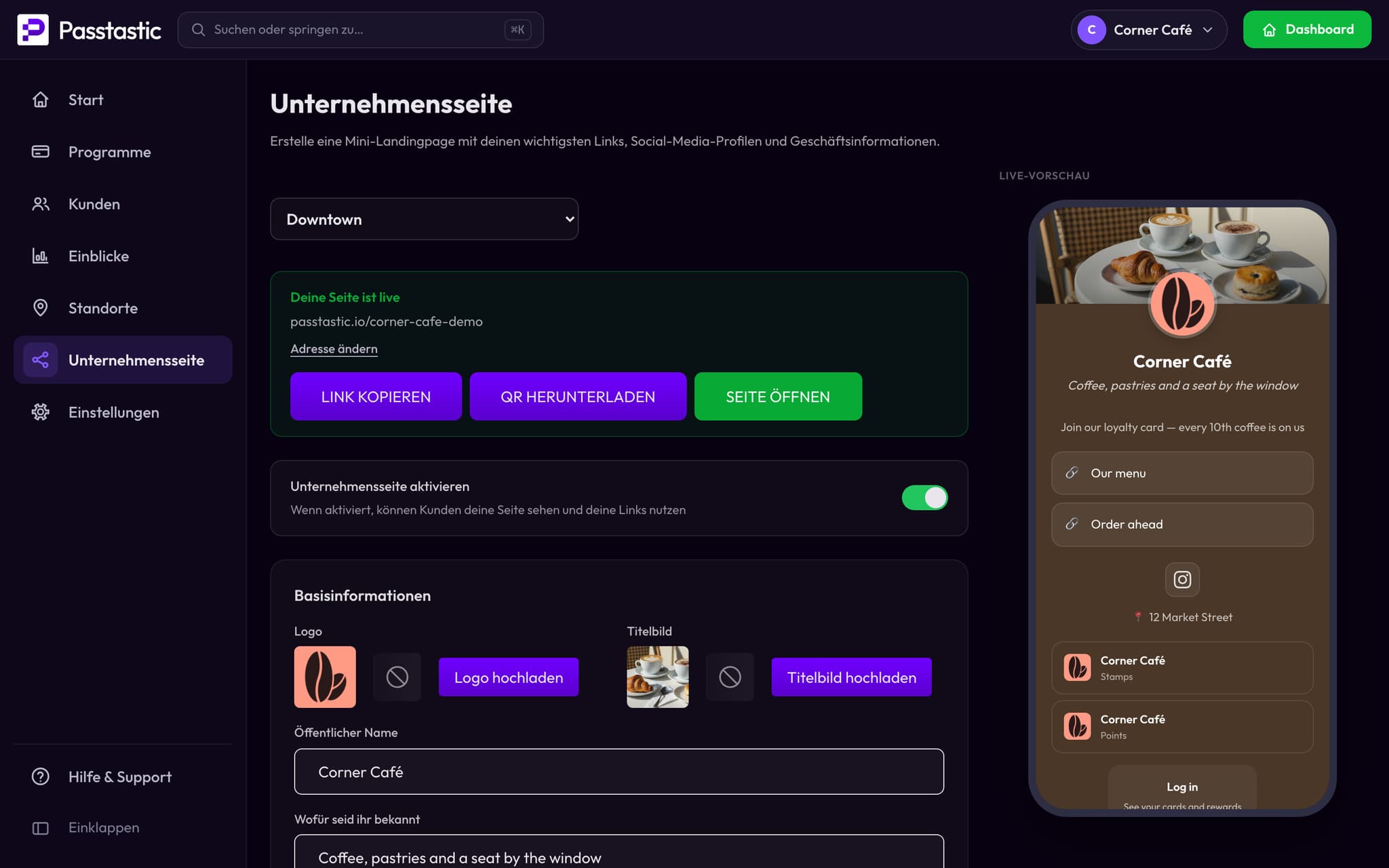 Die Kundenkarten-App des Corner Café wird bearbeitet, mit Live-Vorschau