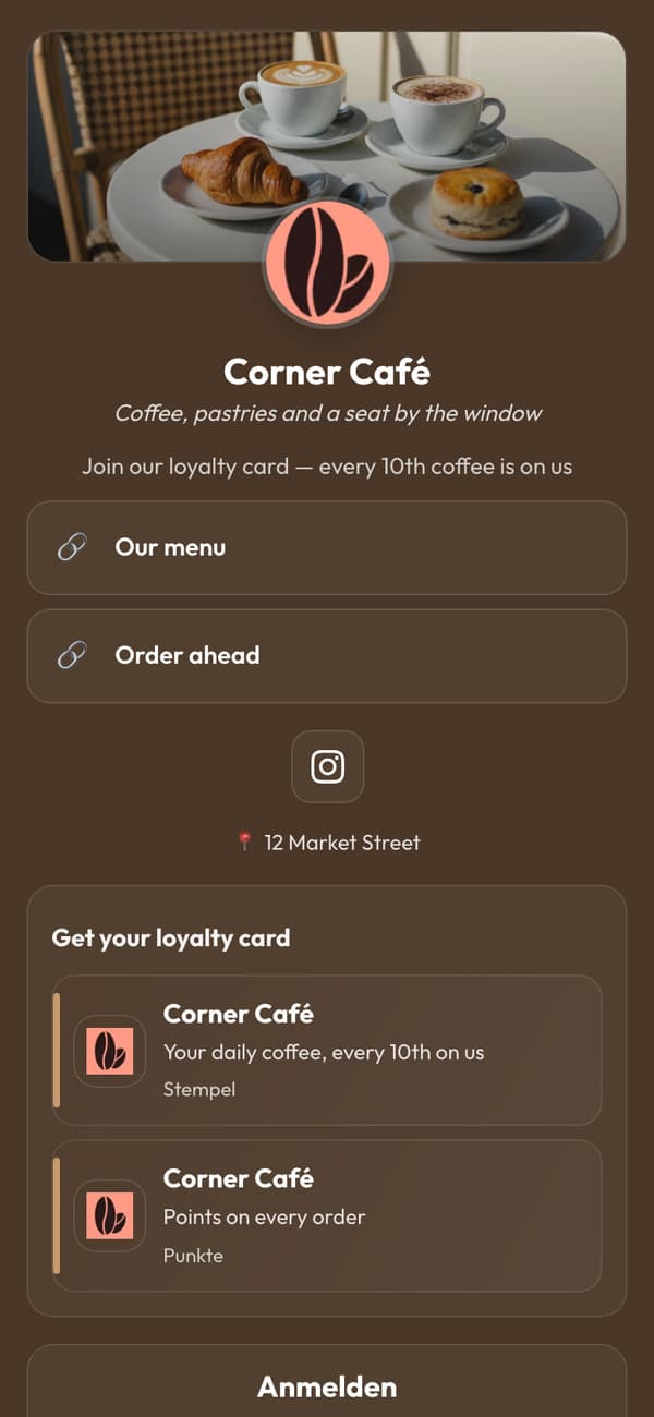 Die Kundenkarten-App des Corner Café wird bearbeitet, mit Live-Vorschau