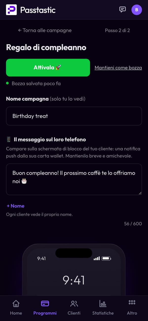 La campagna Omaggio di compleanno con il suo messaggio