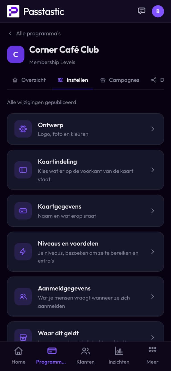 Corner Café Club in het dashboard, met live voorbeeld van de kaart