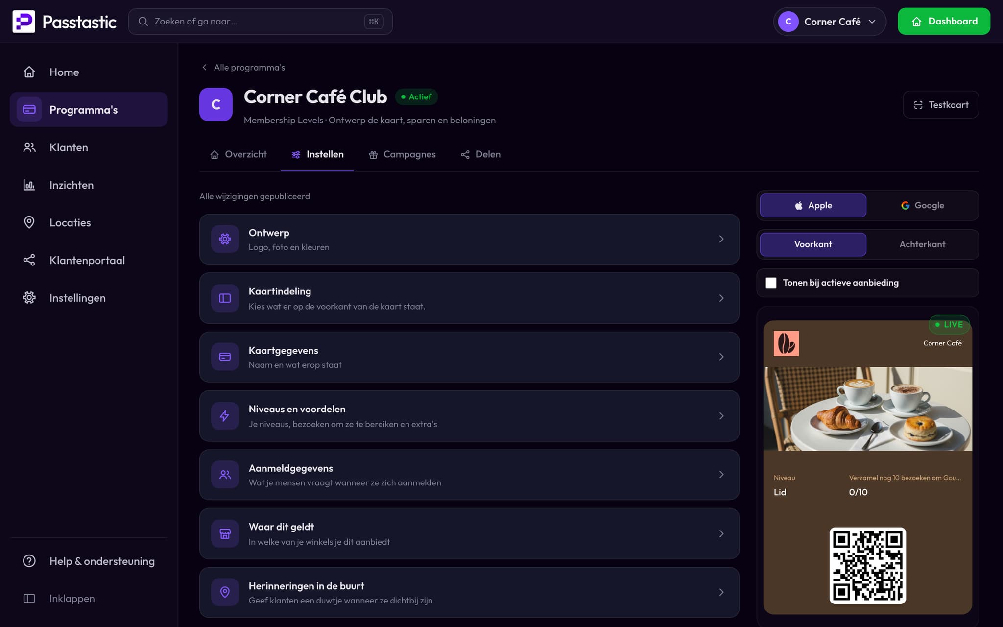 Corner Café Club in het dashboard, met live voorbeeld van de kaart