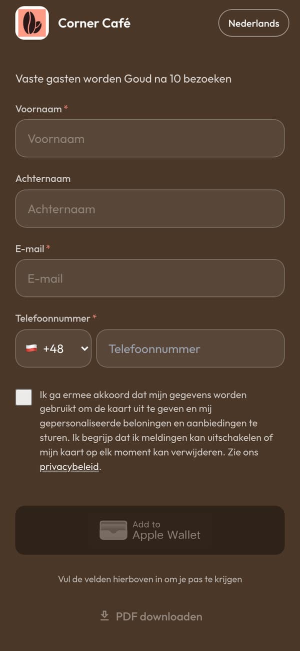 De aanmeldpagina op een telefoon: het formulier van Corner Café Club, met de knop Voeg toe aan Apple Wallet
