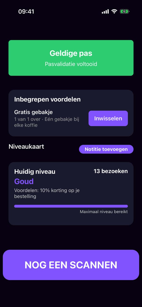 De scanner-app na het scannen van Lena’s Goud-kaart, met haar gratis gebakje