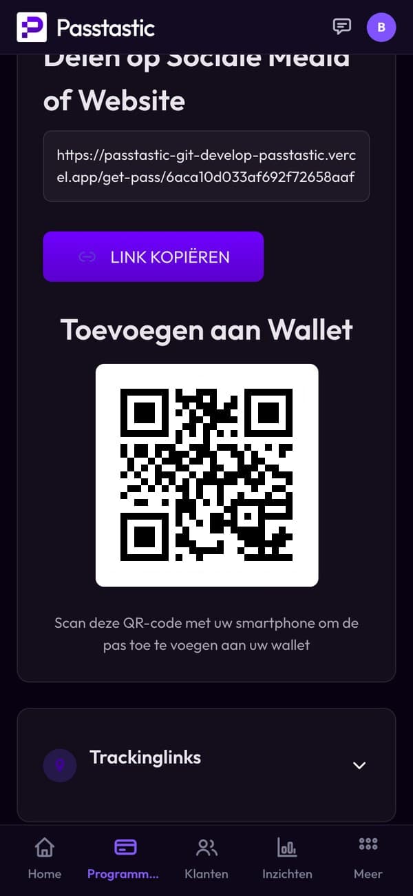Het tabblad Delen van Corner Café Club met de QR-code