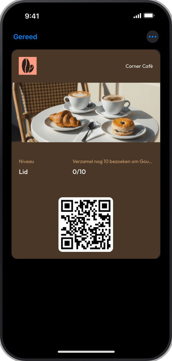 De kaart van Corner Café Club, geopend in Apple Wallet