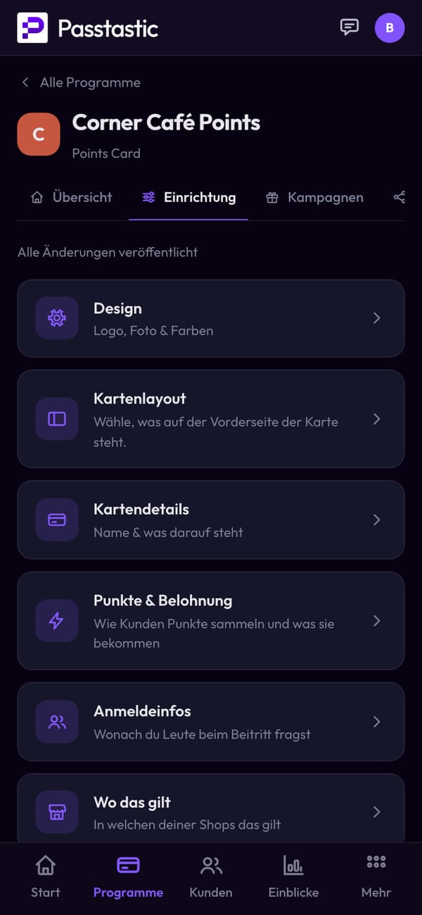 Das Punkteprogramm des Corner Café im Dashboard, mit Live-Vorschau der Karte