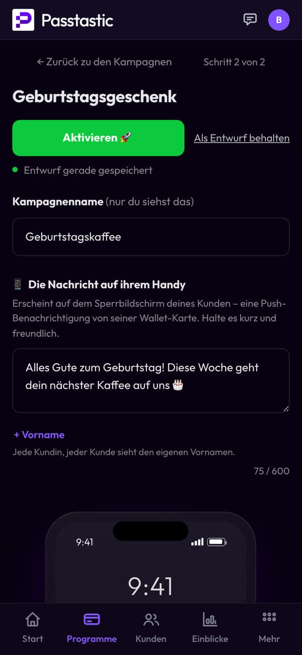 Die Kampagne „Geburtstagskaffee“ mit Vorschau des Sperrbildschirms