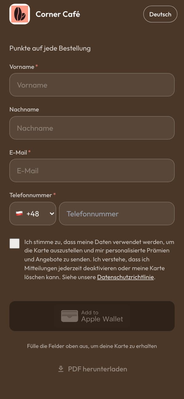 Die Anmeldeseite auf einem Handy: das Formular der Punktekarte des Corner Café, mit dem Button „Zu Apple Wallet hinzufügen“
