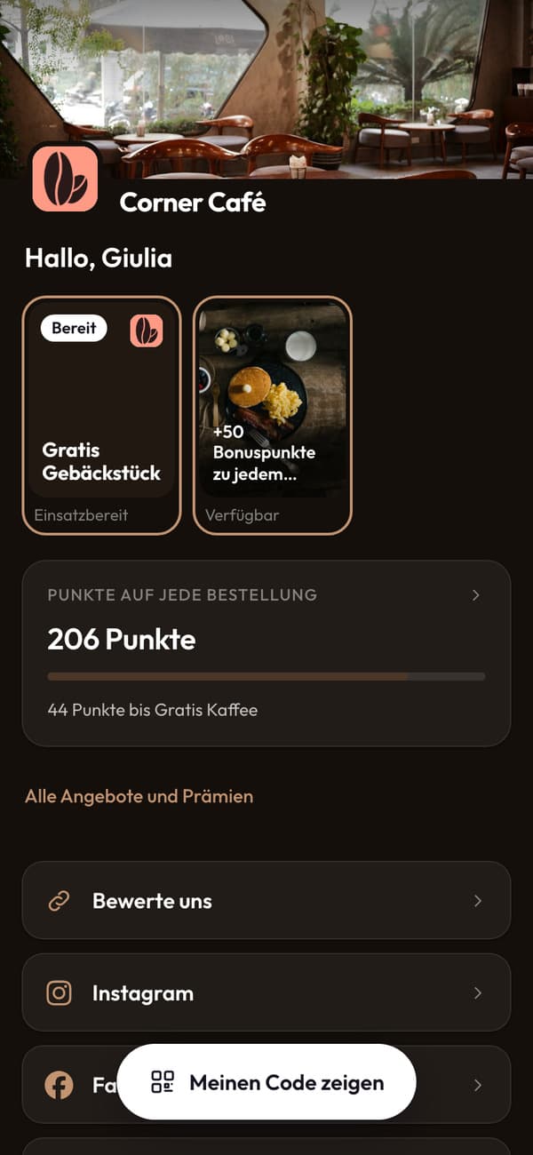 Die App des Corner Café: Hallo Giulia, 206 Punkte und noch 44 Punkte bis zum Gratis-Kaffee