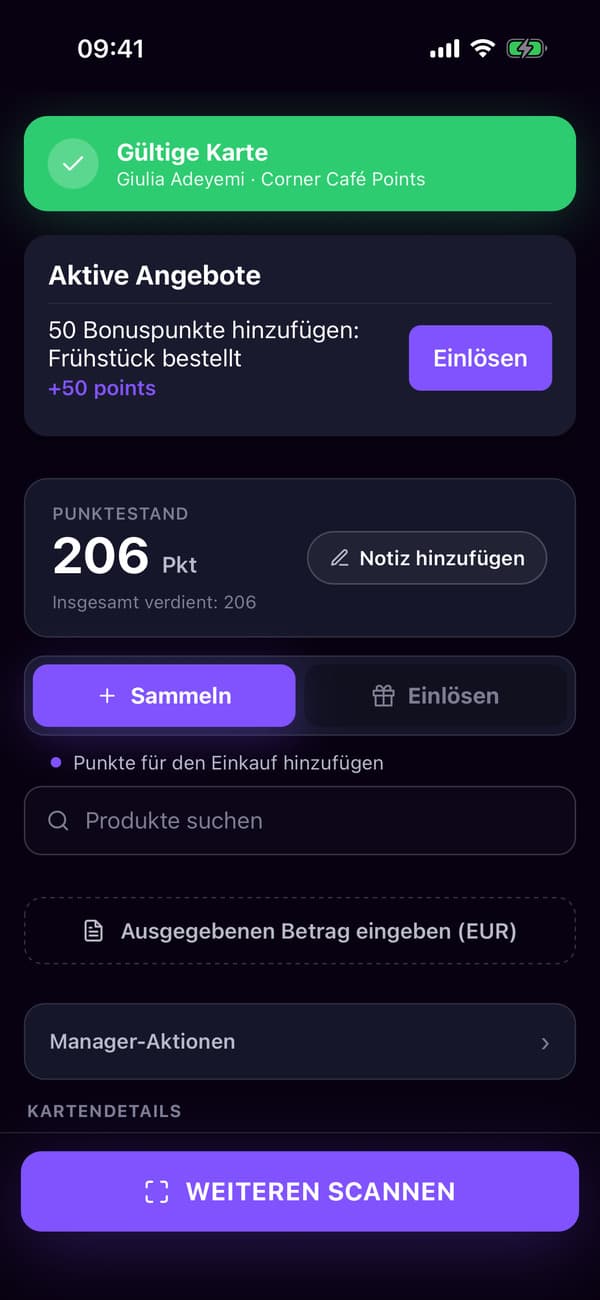 Die Scanner-App nach dem Scannen von Giulias Punktekarte, bereit für den Betrag