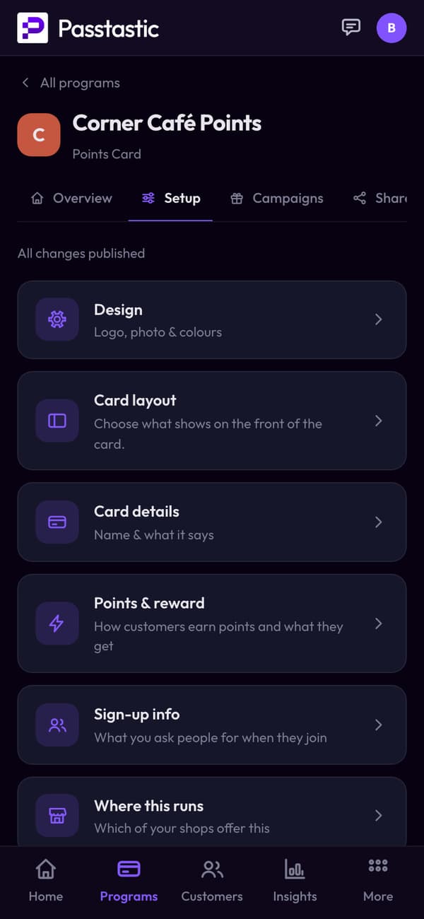Corner Café's points program in the dashboard, with a live preview of the card