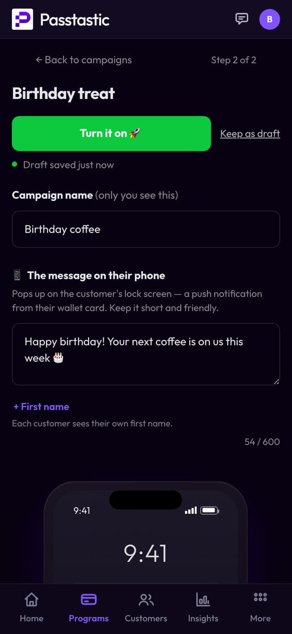 The Birthday coffee campaign, with a lock-screen preview