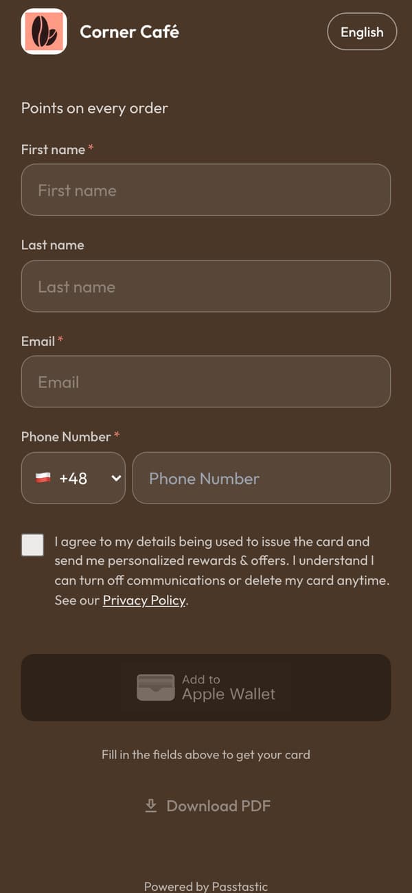 The join page on a phone: Corner Café's points card form, with the Add to Apple Wallet button