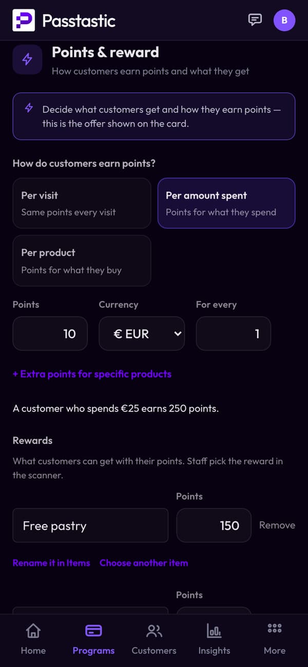 Points & reward: per amount spent, 10 points per euro, and the rewards Free pastry, Free coffee and Free breakfast