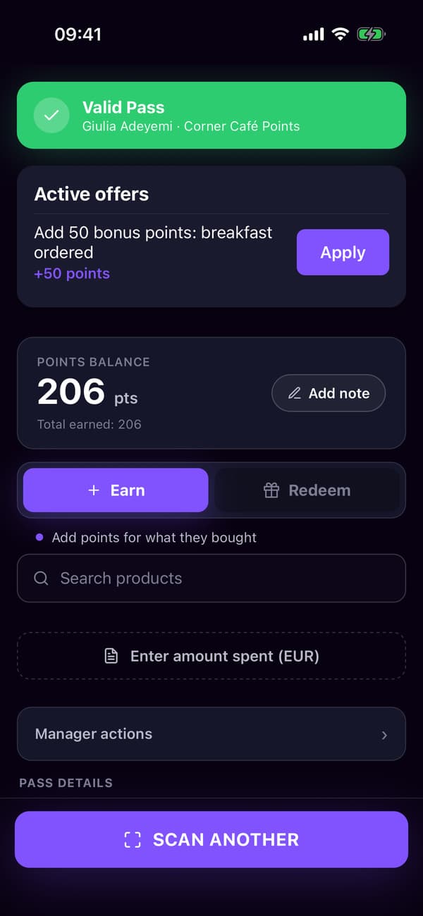 The scanner app after scanning Giulia's points card, ready for the amount
