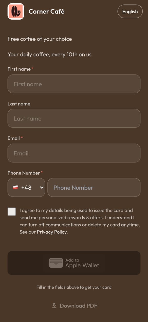 The join page on a phone: Corner Café's stamp card form, with the Add to Apple Wallet button