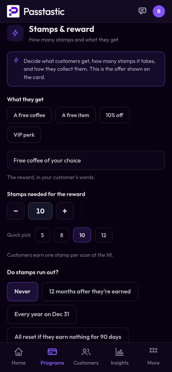 Stamps & reward on Corner Café's stamp card: 10 stamps for a free coffee