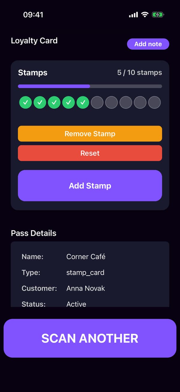 The scanner app after scanning Anna's stamp card, with the button that adds a stamp