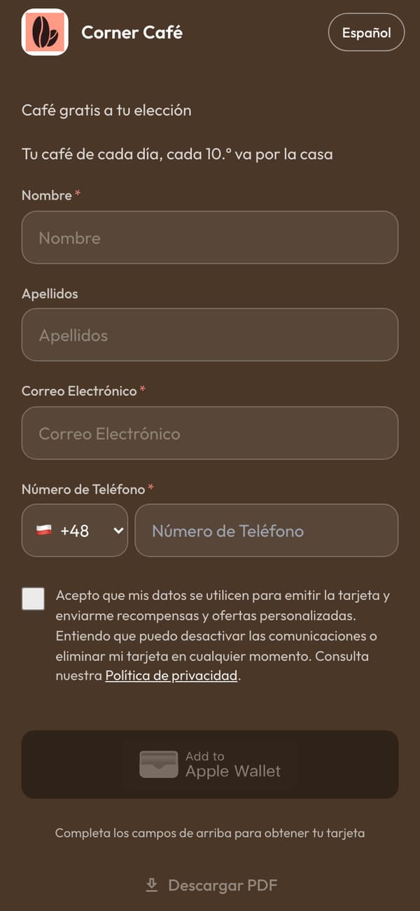 La página de alta en un móvil: el formulario de la tarjeta de sellos de Corner Café, con el botón Añadir a Apple Wallet