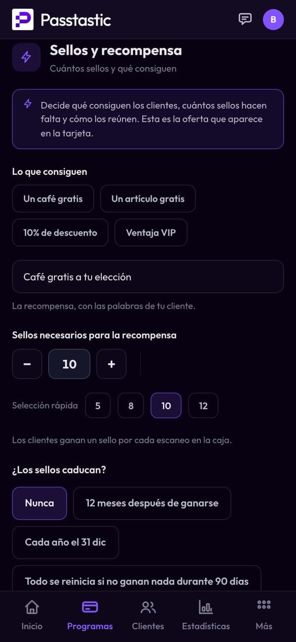 Sellos y recompensa de la tarjeta de sellos de Corner Café: 10 sellos para un café gratis