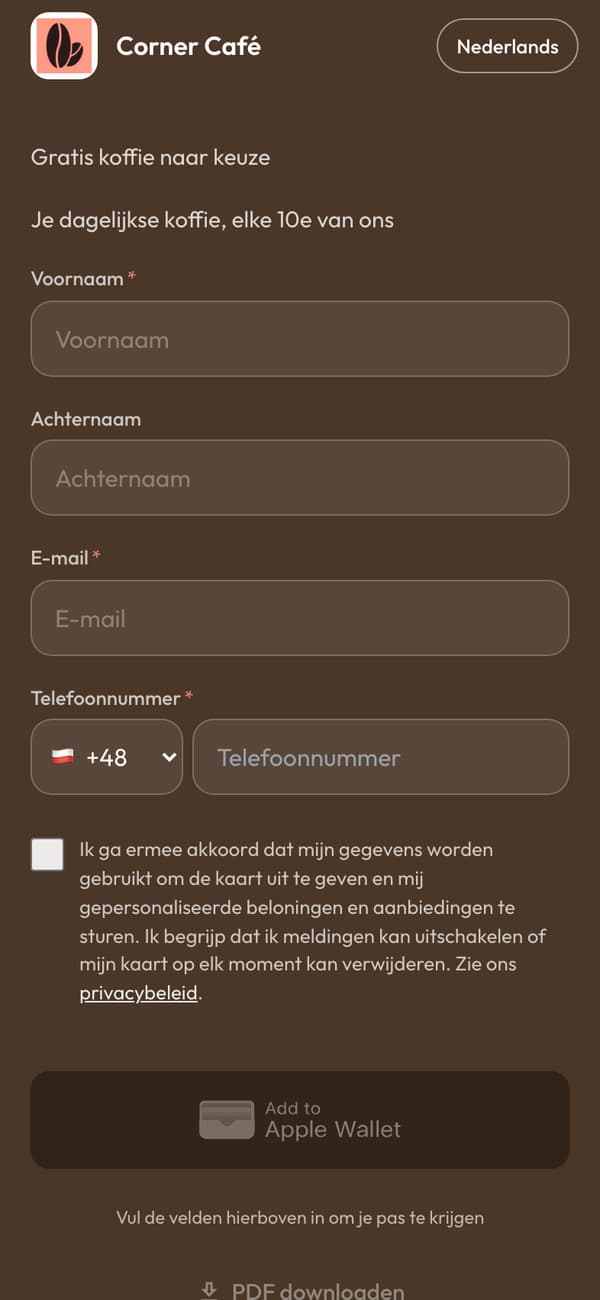 De aanmeldpagina op een telefoon: het formulier van de stempelkaart van Corner Café, met de knop Voeg toe aan Apple Wallet