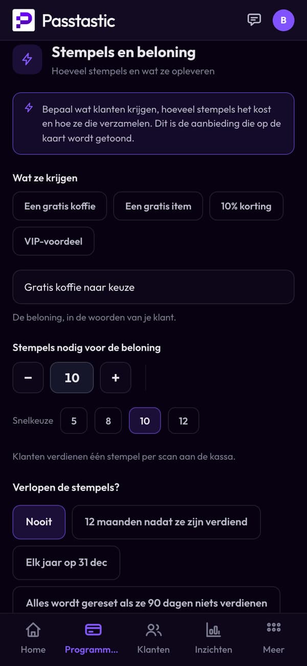 Stempels en beloning van de stempelkaart van Corner Café: 10 stempels voor een gratis koffie