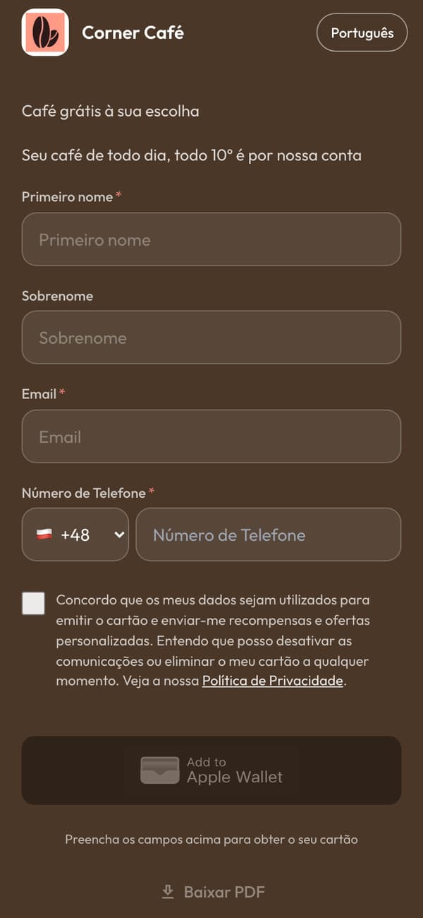 A página de cadastro em um celular: o formulário do cartão de carimbos do Corner Café, com o botão Adicionar à Apple Wallet