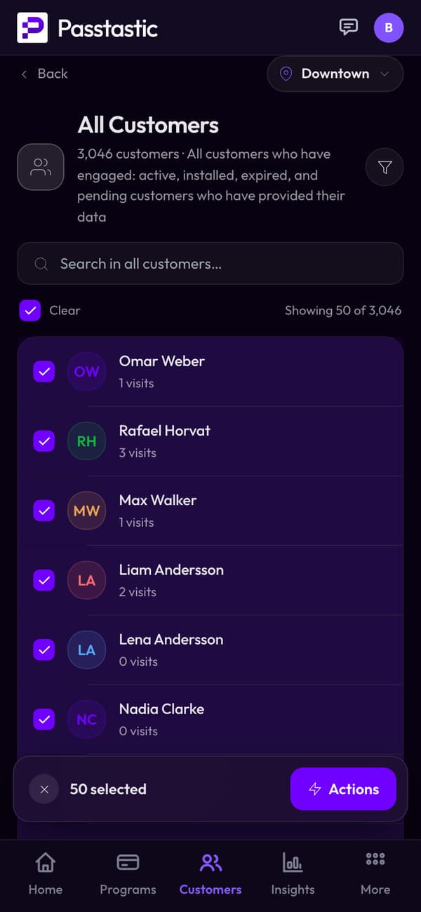 Five customers ticked in the list, with an Actions button