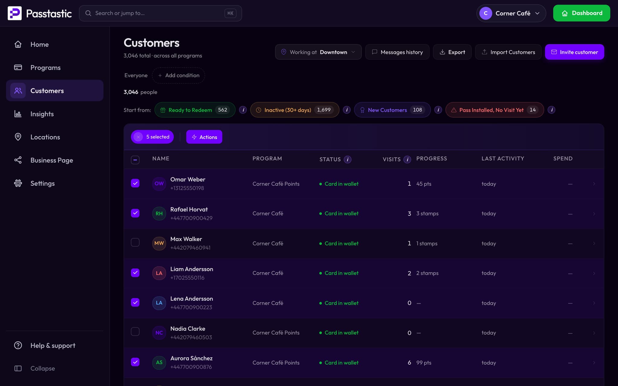 Five customers ticked in the list, with an Actions button