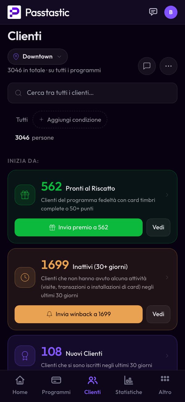 La stessa schermata Clienti sul telefono