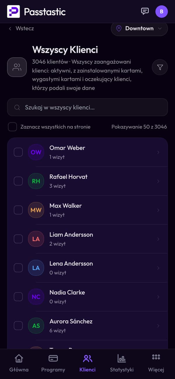 Lista klientów z imionami, programem, statusem, wizytami, postępem i ostatnią aktywnością