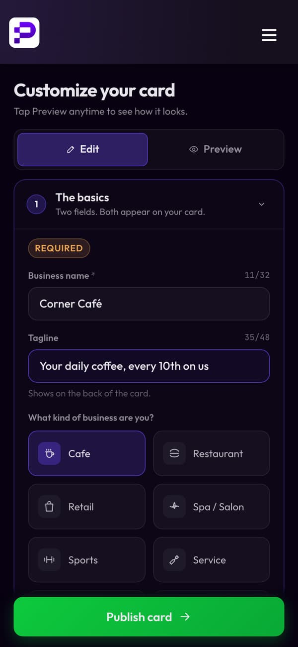 Setting up Corner Café's stamp card: the name, the tagline and the kind of business, with a live preview