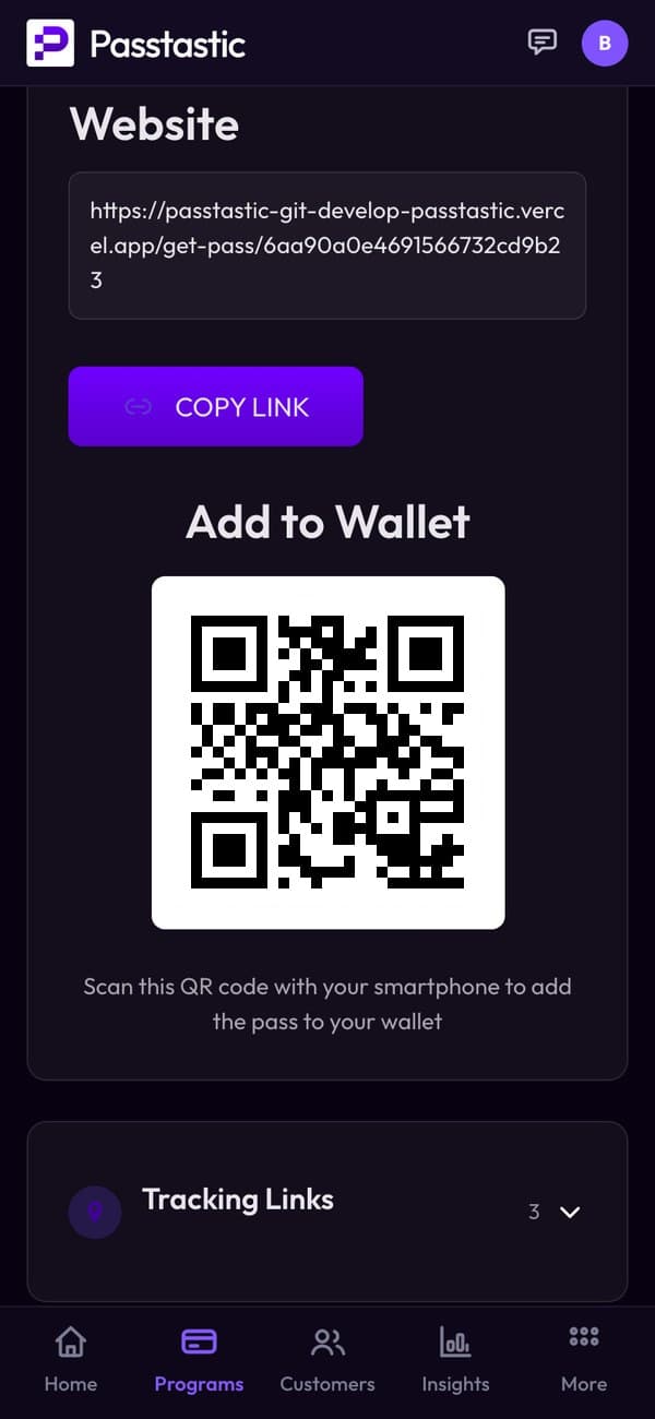 The Share tab of Corner Café's stamp card with its QR code