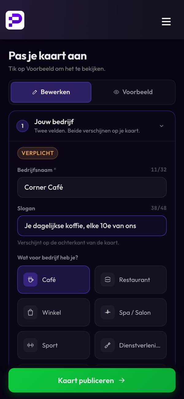 De kaarteditor van Passtastic: Corner Café met een koffiezaakontwerp en een live preview in Apple Wallet