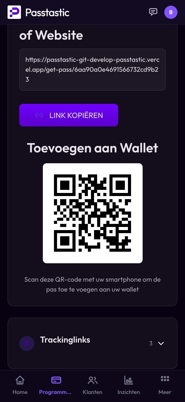 Het tabblad Delen: de QR-code van Corner Café om de kaart toe te voegen
